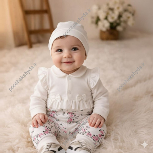 ست لباس نوزاد دخترانه با طرح گل و کلاه سایز ۱ تا ۳ سیسمونی نوزادی شادی