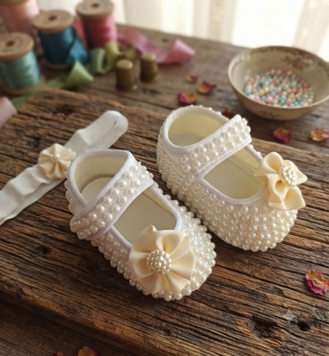 پاپوش نوزادی دخترانه مرواریدی مدل پرنسسی رنگ نباتی در سیسمونی شادی